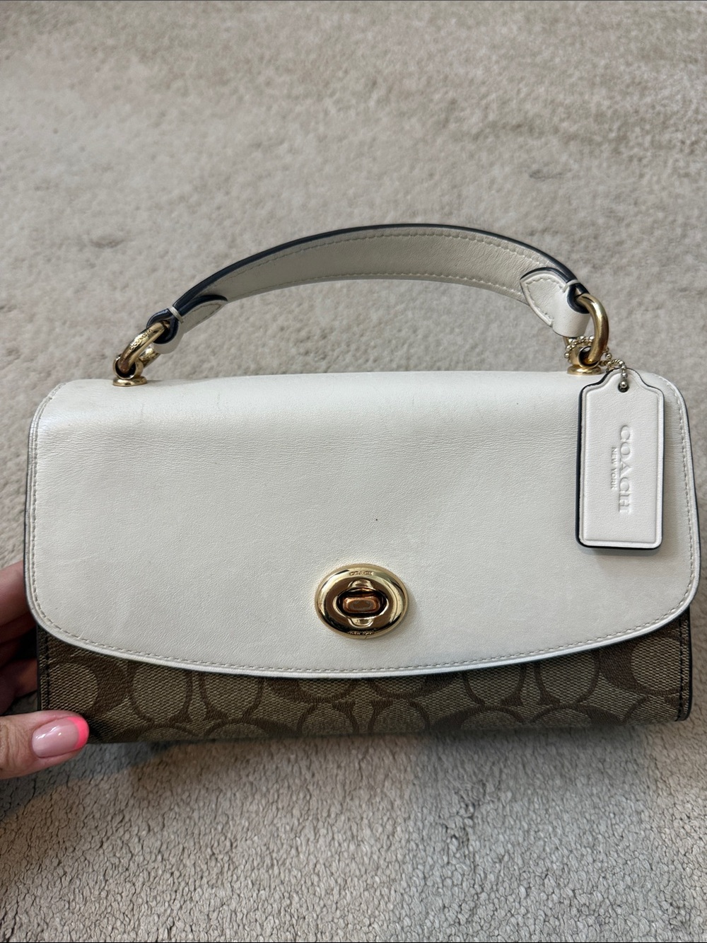 Coach White Leather & Signature Canvas Shoulder Bag with Gold Turnlock